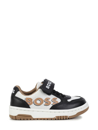 Boss sneakers in tessuto e pelle con velcro bianco nero beige