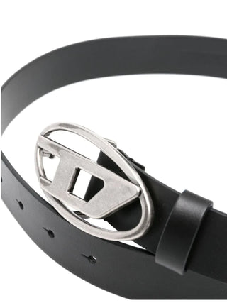 Diesel cintura in pelle con logo iconico nero argento