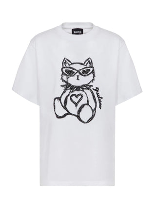 Disclaimer T-shirt manica corta con gatto strass bianco
