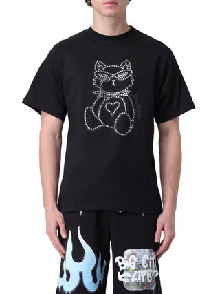 Disclaimer T-shirt manica corta con gatto strass nero