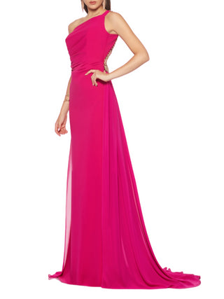 Impero Couture abito elegante lungo monospalla con schiena scoperta fucsia