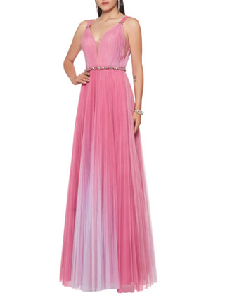 Impero Couture abito lungo in tulle plissettato con cintura gioiello fucsia