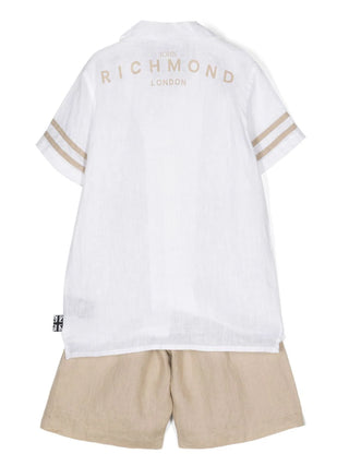 John Richmond completo Kurama camicia e bermuda in lino bianco beige
