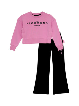 John Richmond completo felpa crop e pantaloni flare con logo rosa nero