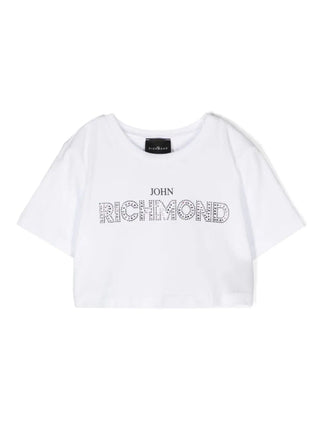 John Richmond T-shirt crop manica corta con logo gioiello bianco