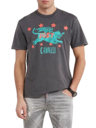 Just Cavalli T-shirt manica corta in jersey effetto slavato con stampe grigio