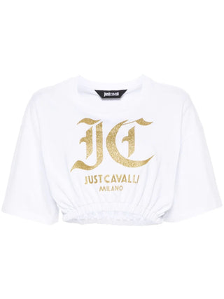 Just Cavalli T-shirt crop con logo glitterato bianco