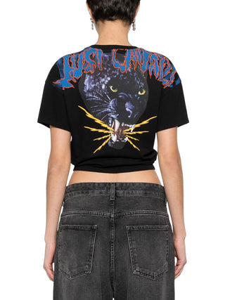 Just Cavalli T-shirt crop manica corta con stampa pantera nero