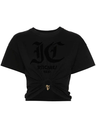 Just Cavalli T-shirt crop manica corta con stampa pantera nero