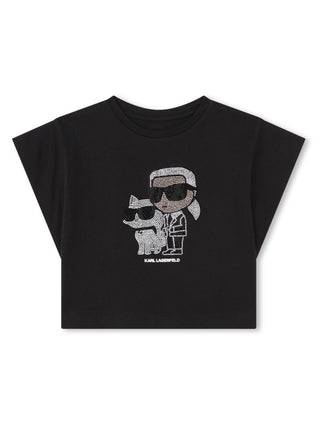 Karl Lagerfeld Kids T-shirt crop con disegno strass iconico nero