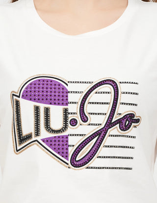 Liu Jo T-shirt a manica corta con logo strass avorio