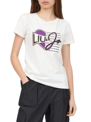 Liu Jo T-shirt a manica corta con logo strass avorio