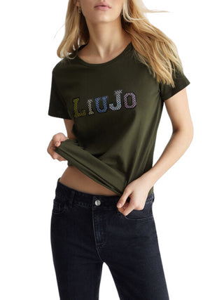 Liu Jo T-shirt a maniche corte con logo strass verde militare