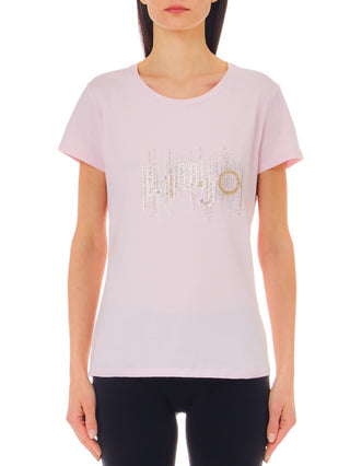 Liu Jo T-shirt a maniche corte con logo strass rosa oro