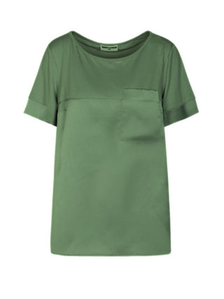 Lola by Sandro Ferrone blusa manica corta con taschino in raso e jersey verde militare