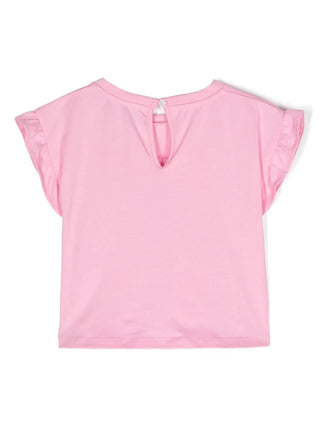 Moschino T-shirt manica corta con rouches e stampa cuori rosa