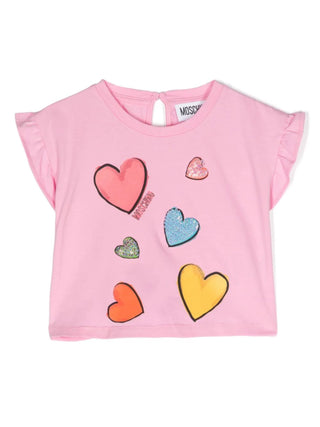 Moschino T-shirt manica corta con rouches e stampa cuori rosa