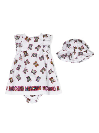 Moschino abito neonata con cappello e culotte stampa orsetto Teddy bianco