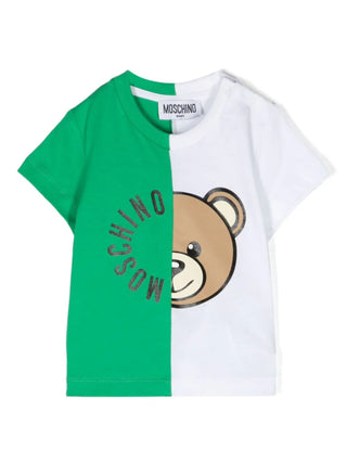 Moschino T-shirt manica corta bicolore con logo e orsetto verde bianco