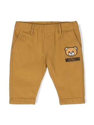 Moschino pantaloni neonato con ricamo orsetto marrone