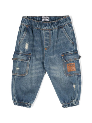 Moschino jeans cargo in denim rigido lavaggio blu medio