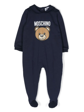 Moschino tutina a manica lunga con piedini e stampa orsetto blu