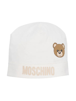 Moschino cappello in cotone stretch con orsetto panna