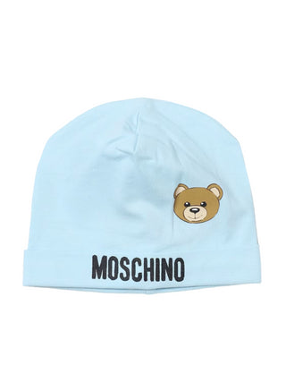 Moschino cappello con logo e orsetto celeste