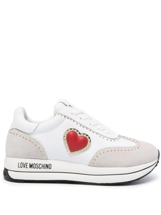 Moschino Love sneakers bicolore in pelle e suede con cuore bianco beige