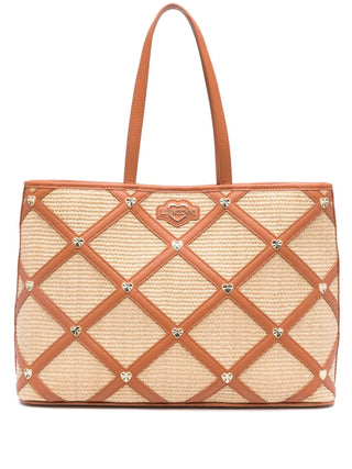 Moschino Love borsa shopping in rafia ed ecopelle con borchie beige marrone