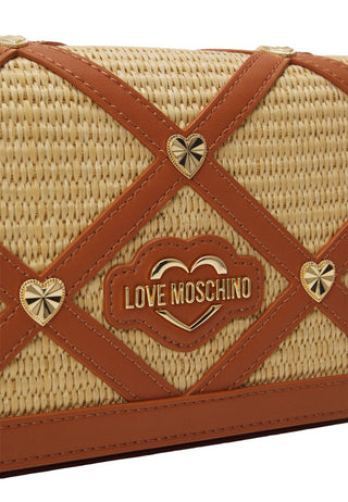 Moschino Love borsa a tracolla in rafia ed ecopelle con borchie marrone beige