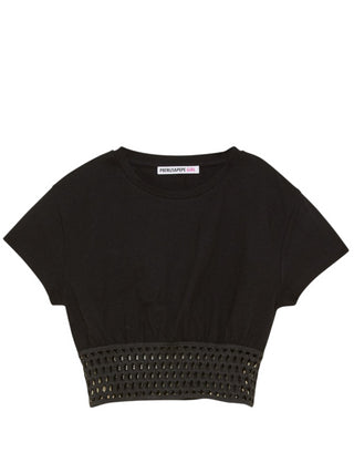 Patrizia Pepe T-shirt crop manica corta con fondo traforato nero