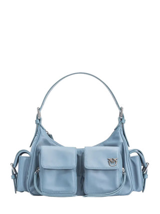 Pinko borsa Cargo Bag a spalla in nylon azzurro carta da zucchero