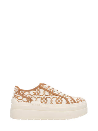 Pinko sneakers platform Greta con logo Love Birds all over ecrù marrone