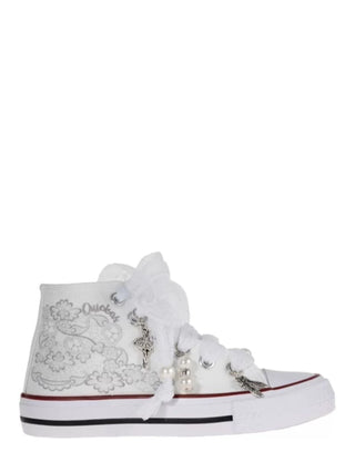 QUICKAS Sneakers alte in tela con tulle e ciondoli Bianco