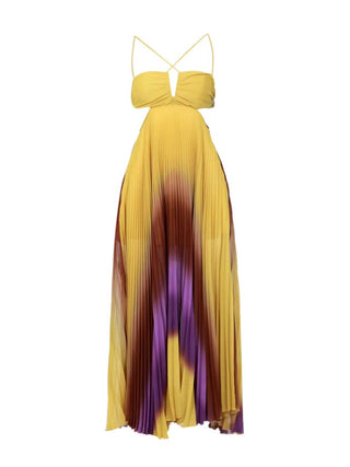 Simona Corsellini abito lungo plissè sfumato giallo