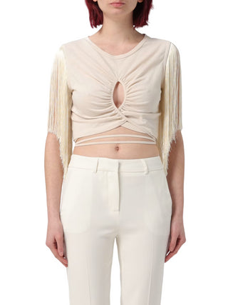 Simona Corsellini top crop con frange e cut out ecrù