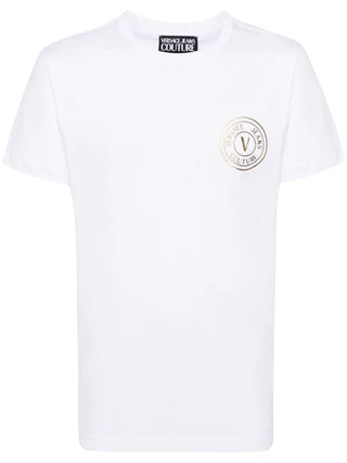 Versace Jeans Couture T-shirt manica corta con logo V-emblem bianco oro