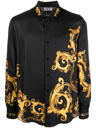 Versace Jeans Couture camicia manica lunga in viscosa stampa barocca nero oro