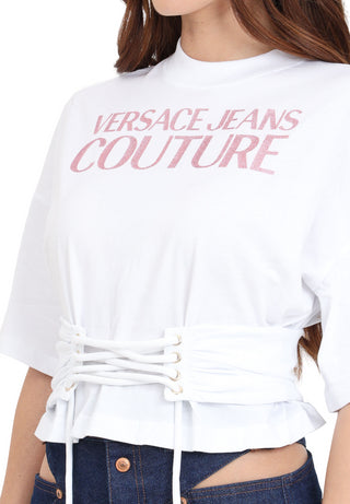 Versace Jeans Couture T-shirt crop maniche corte con logo glitter bianco rosa