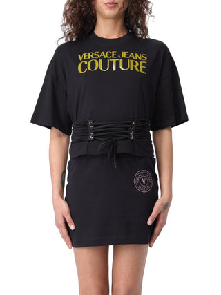 Versace Jeans Couture T-shirt crop maniche corte con logo glitter nero oro