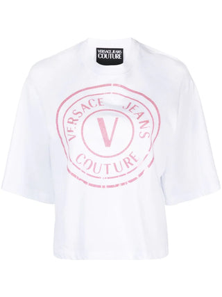Versace Jeans Couture T-shirt maniche corte con logo V-emblem bianco rosa