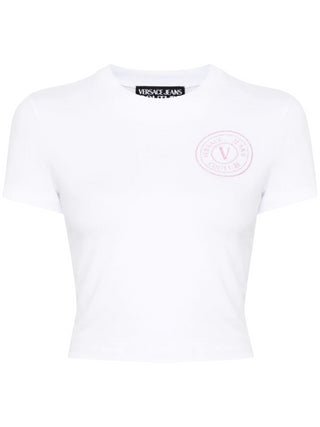 Versace Jeans Couture T-shirt crop a manica corta con logo glitterato bianco