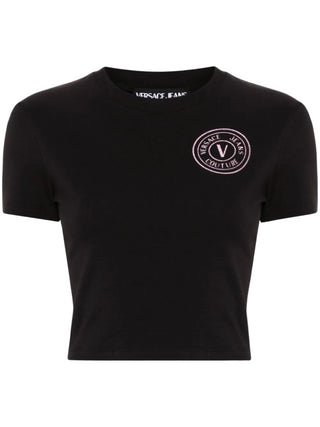 Versace Jeans Couture T-shirt crop a manica corta con logo glitterato nero