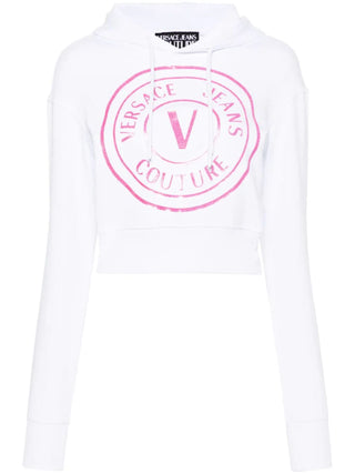 Versace Jeans Couture felpa crop con cappuccio e logo glitter bianco