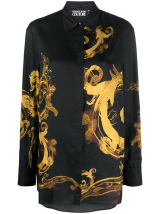 Versace Jeans Couture camicia in viscosa con stampa barocca e logo nero oro