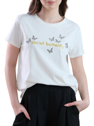 Vicolo T-shirt manica corta con stampa farfalle bianco latte
