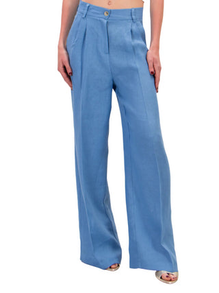 Vicolo pantaloni gamba larga in lino azzurro