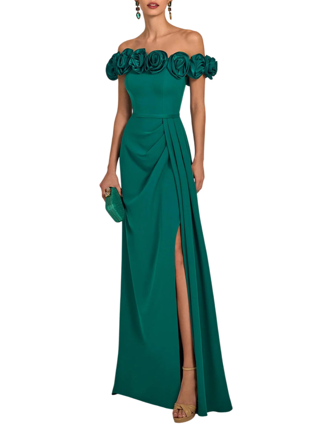 Marfil abito cerimonia donna con rose verde