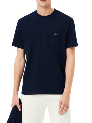 Lacoste T-shirt manica corta in cotone con taschino blu